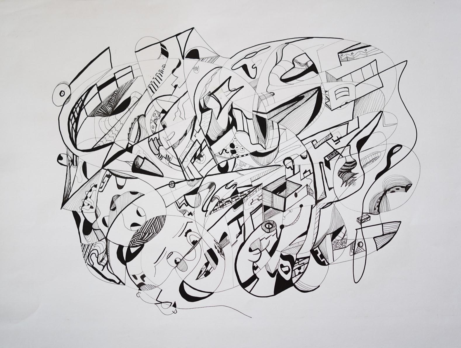 Monochrome — dessin abstrait sur papier raisin, 50×65 cm, 2023